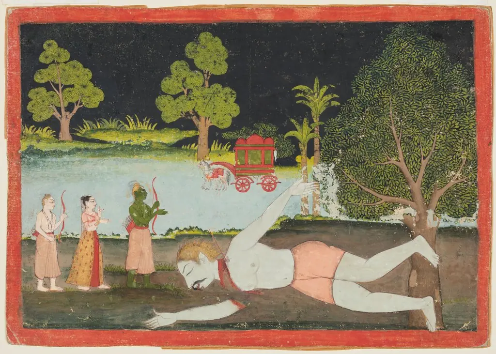 Rama and Lakshmana slay the demon giant Viradha, from Chapters 2 through 4 of the Aranya Kanda (Book of the Forest) of a Ramayana (Rama’s Journey), 1770
