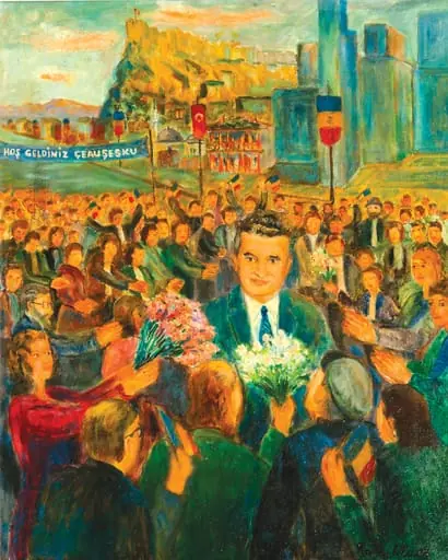 Tablou, portret Nicolae Ceaușescu în vizită la Ankara. Tablou realizat și oferit de Rami Uluer (președintele Asociației Pictorilor Turci din Ankara) lui Nicolae Ceaușescu cu ocazia vizitei la Ankara din 1985. Tabloul îl înfățișază pe Nicolae Ceaușescu într-o baie de mulțime aclamat de mulțimea entuziastă., by Rami Uluer