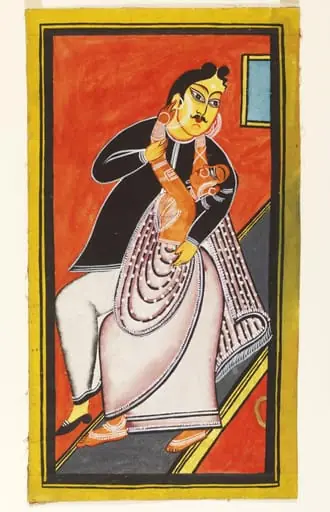 A babu and bibi embracing, by Ranjit Chitrakar