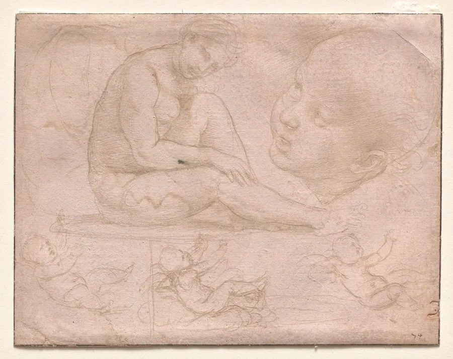 Studies of a Seated Female, Child's Head, and Three Studies of a Baby, by Raphael, 1508