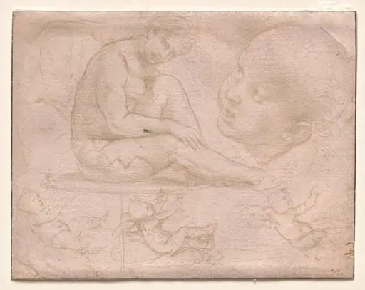 Studies of a Seated Female, Child's Head, and Three Studies of a Baby, by Raphael