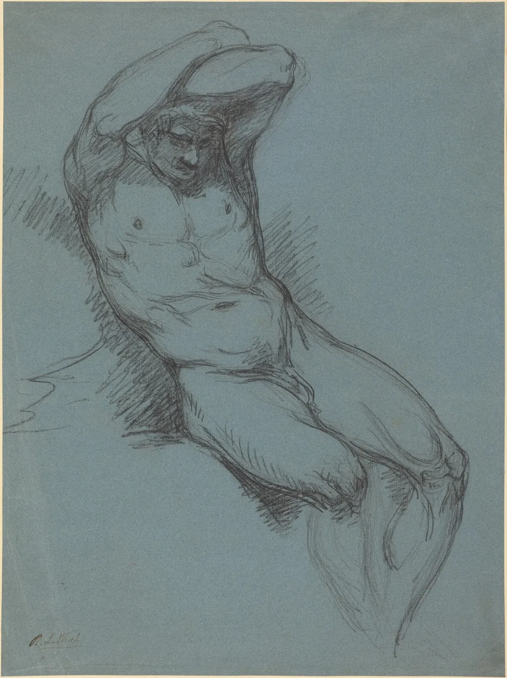 A Seated Male Nude with His Hands Crossed over His Head, by Raphael Lamar West, chalk, 1810