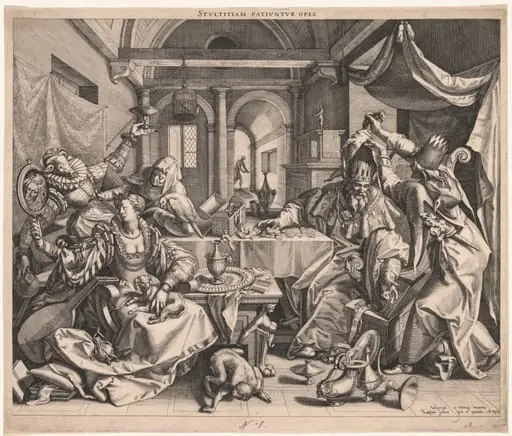 Stultitiam patiuntur opes (Wealth permits Stupidity), or, Allegory of Wealth, Lust, and Stupidity, by Raphael Sadeler