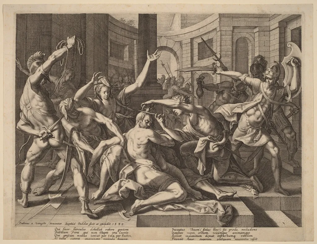 Delilah Cutting Samson's Hair, by Raphael Sadeler I, ink, 1589