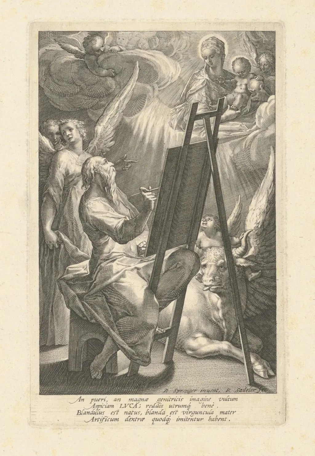 Saint Luke Painting the Virgin, by Raphael Sadeler I, ink, 1584