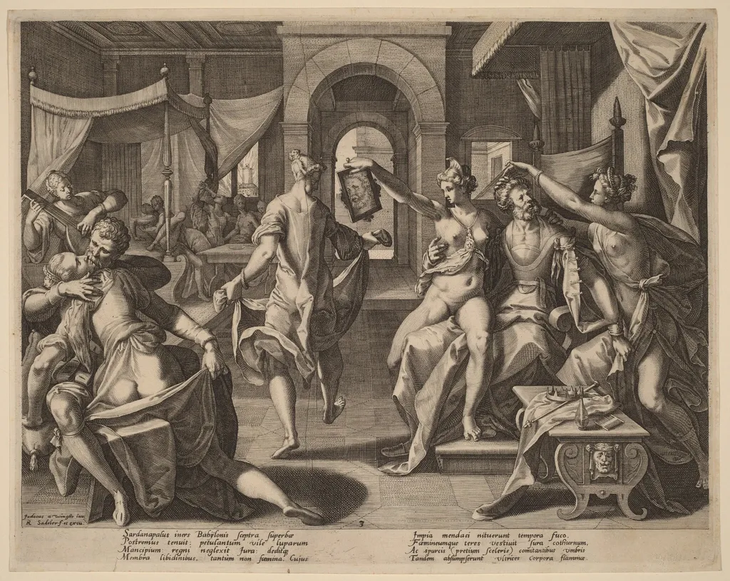 Sardanapalus among the Concubines, by Raphael Sadeler I, ink, 1589