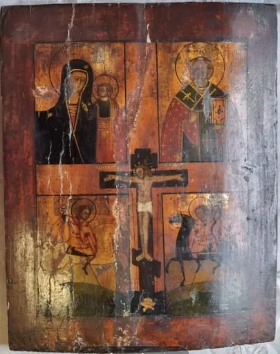 Răstignirea cu patru scene iconografice: 1) Maica Domnului cu Pruncul; 2) Sf. Nicolae; 3) Sf. Gheorghe; 4) Sf. Dumitru, 1850