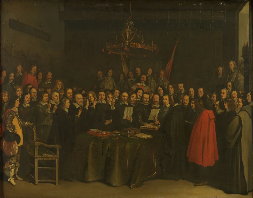 Ratification of the Peace of Münster between Spain and the Dutch Republic in the town hall of Münster, 15 May 1648, oil, 1648