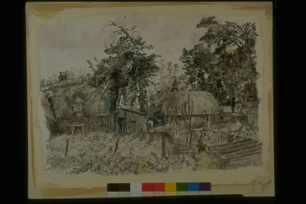 Cottage Gardens, Dalham, Suffolk, by Raymond Cowern, watercolor, 1940