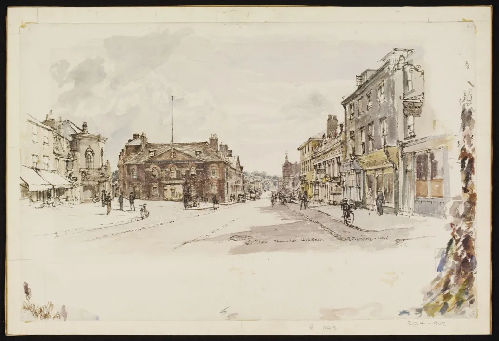 High Street and Rutland Arms, Newmarket, by Raymond Cowern, watercolor, 1940