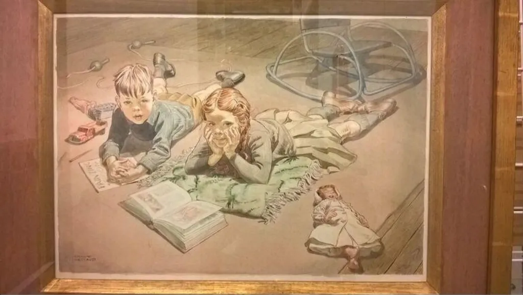 Michael and Christine with Toys and Books, by Raymond Sheppard, watercolor, 1950