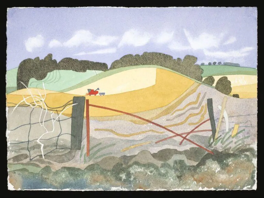 Mid Harvest (field with combine harvester), by Raymond Spurrier, watercolor, 1950