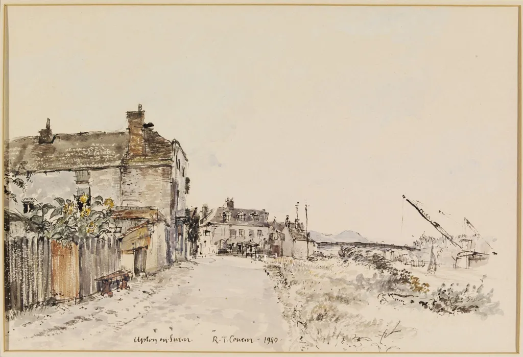 Upton-on-Severn; houses by the river, by Raymond Teague Cowern, watercolor, 1940