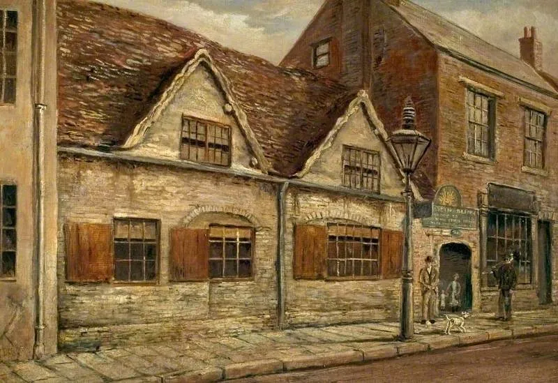 'Old Rising Sun' Inn, Derby, by Raymund Dearn, oil, 1894