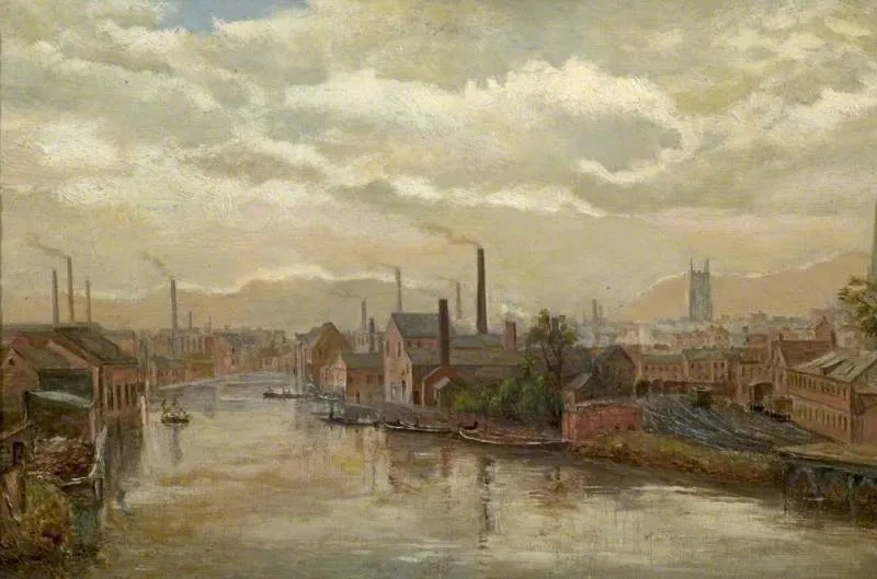 The River Derwent from the Great Northern Railway Bridge, Derby, by Raymund Dearn, oil, 1896