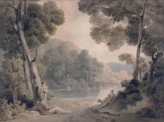 Landscape with figures and mountains