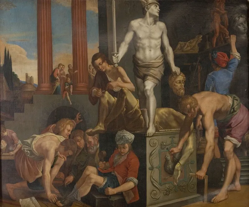 A Sculptor's Studio, by Reinhold Timm, oil, 1628