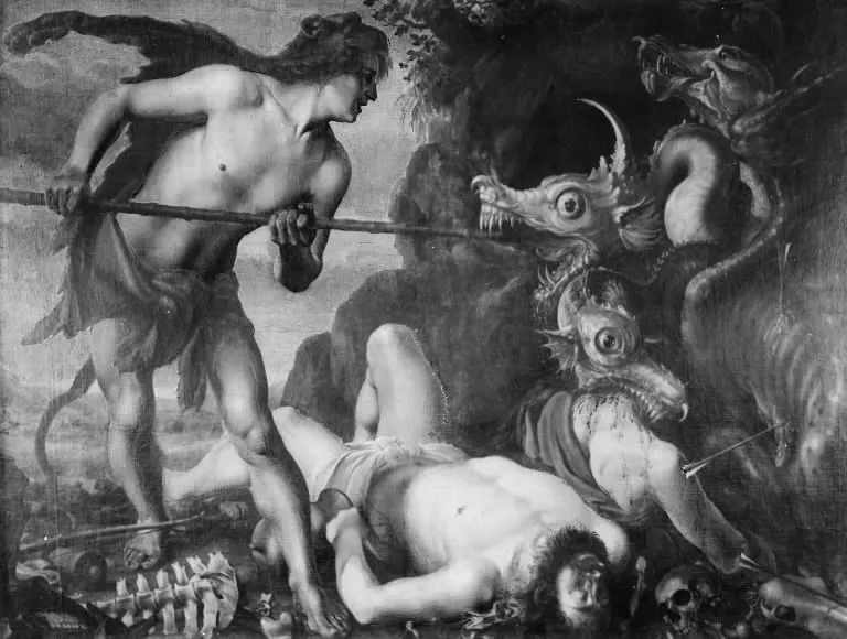 Cadmus Slaying the Dragon, by Reinhold Timm, oil, 1615