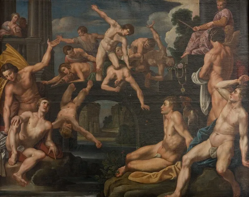 Unge mænd brydes på en bro. Allegori, by Reinhold Timm, oil, 1622