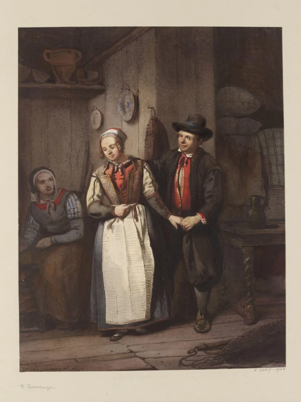 A Betrothal Scene. Interior with Dutch peasants, by Reinier Craeyvanger, watercolor, 1841