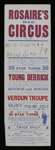 Tour poster advertising Rosaire's Big Circus appearing in Much Wenlock, Monday 19th September, by Reliance Printing Works