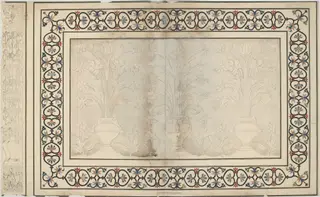 Relief panel of white marble with inlaid border of pietra-dura work on the inside of the entrance to the Taj Mahal, Agra.