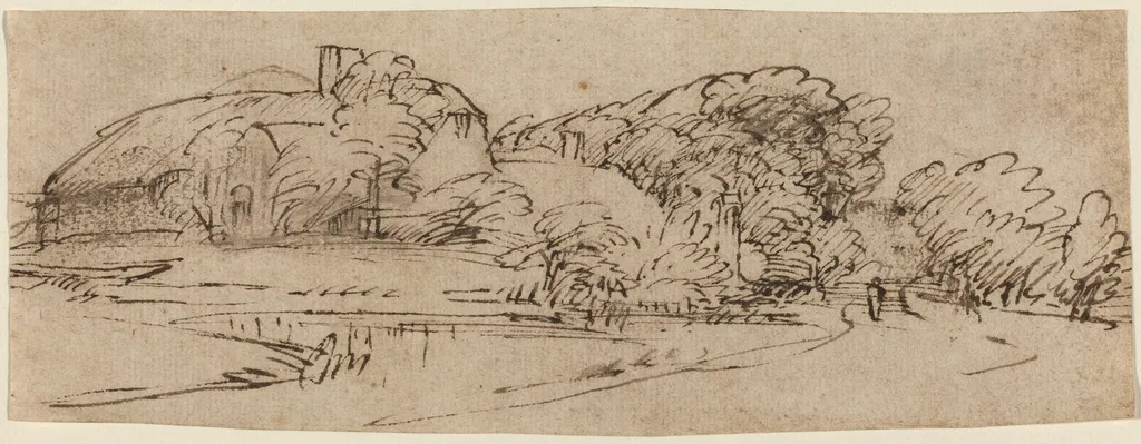 A Landscape with Farm Buildings among Trees, by Rembrandt, ink, 1652