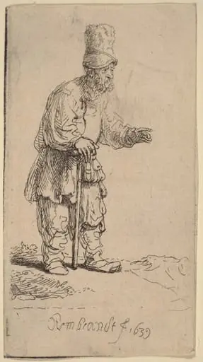 A Peasant in a High Cap, Standing Leaning on a Stick, by Rembrandt