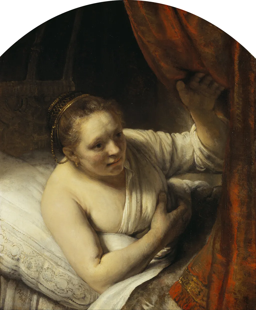A Woman in Bed, by Rembrandt, oil, 1647