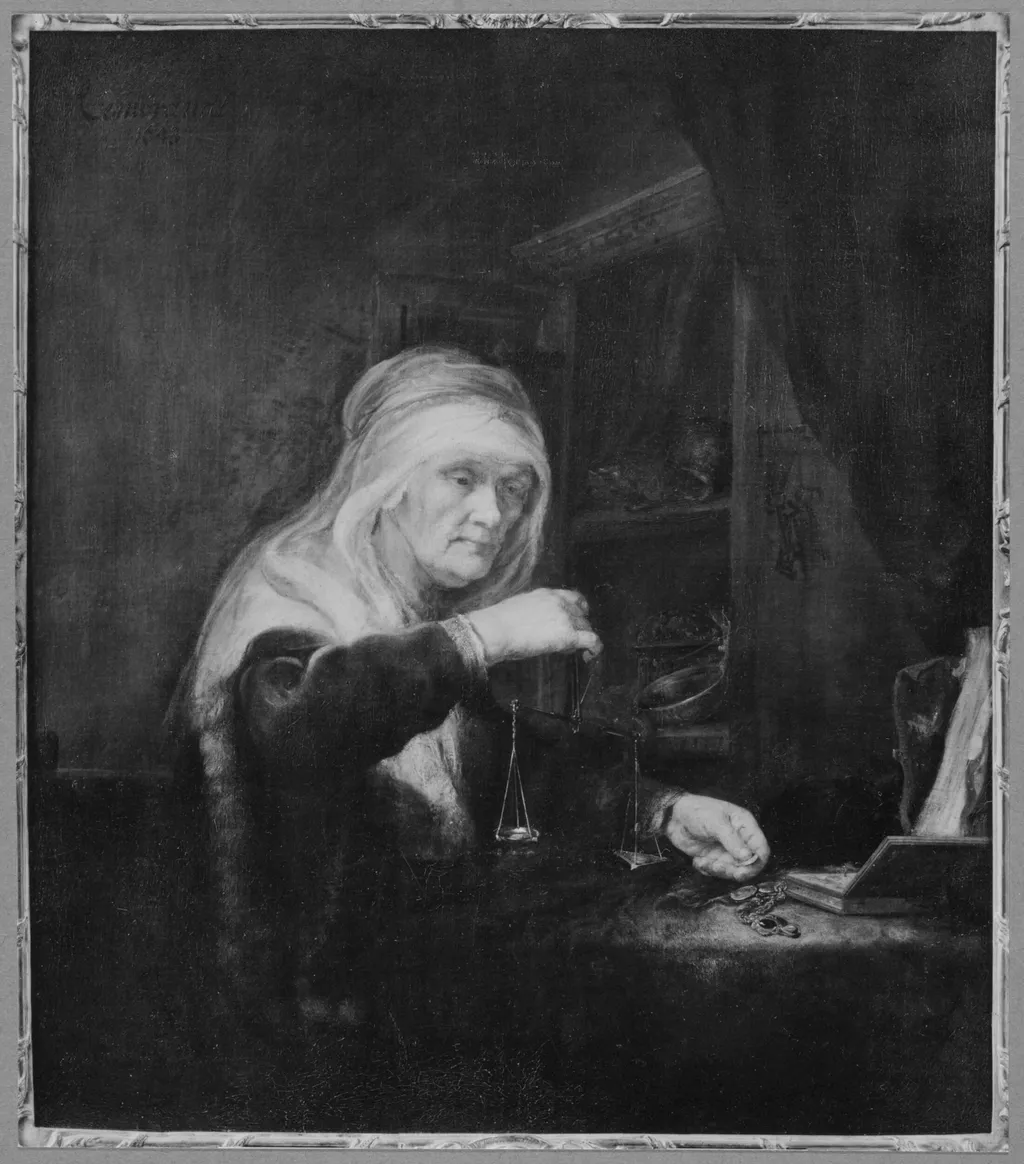 A Woman weighing Gold, by Rembrandt, oil, 1640