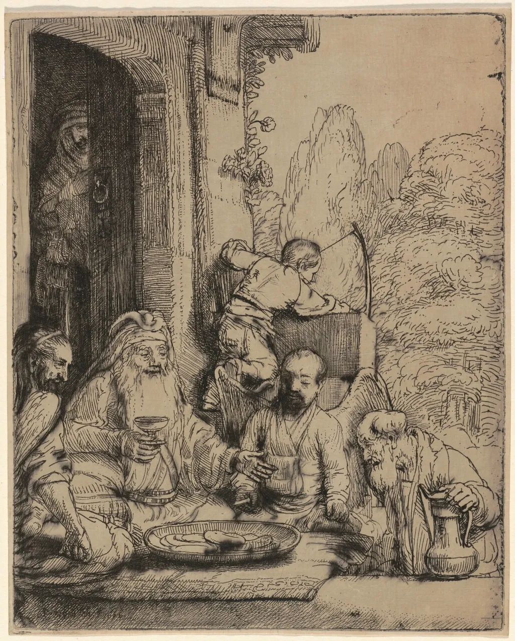 Abraham Entertaining the Angels, by Rembrandt, ink, 1656