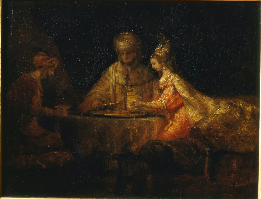 Ahasuerus and Haman at the Feast of Esther, by Rembrandt, oil, 1660