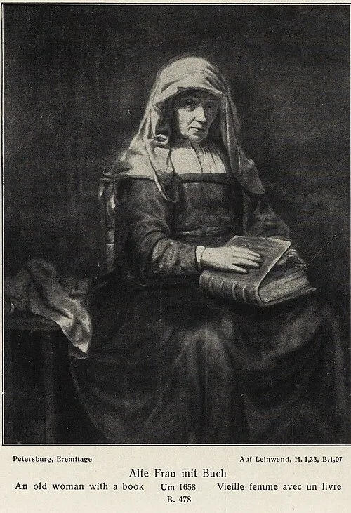 An Old Woman with a Book, by Rembrandt, oil, 1658
