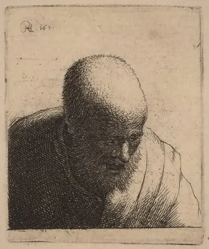Bald Man with Open Mouth, Looking Down, by Rembrandt