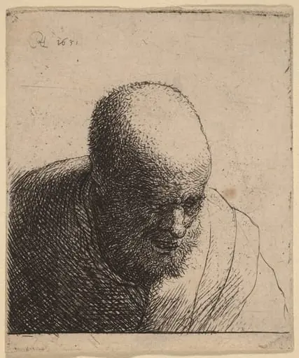 Bald Man with Open Mouth, Looking Down, by Rembrandt