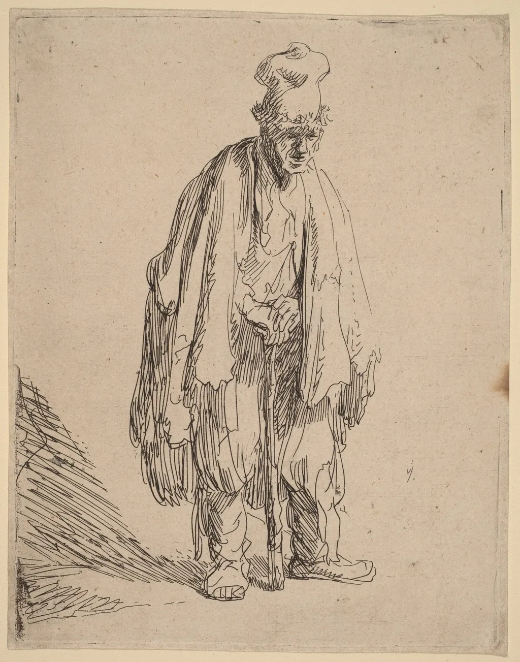 Beggar in a High Cap, Standing and Leaning on a Stick, by Rembrandt, ink, 1630