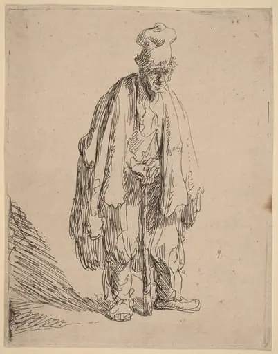 Beggar in a High Cap, Standing and Leaning on a Stick, by Rembrandt