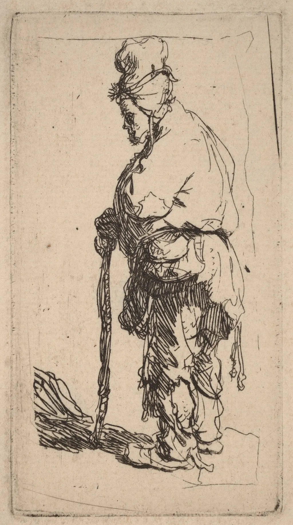 Beggar Leaning on a Stick, Facing Left, by Rembrandt, ink, 1630
