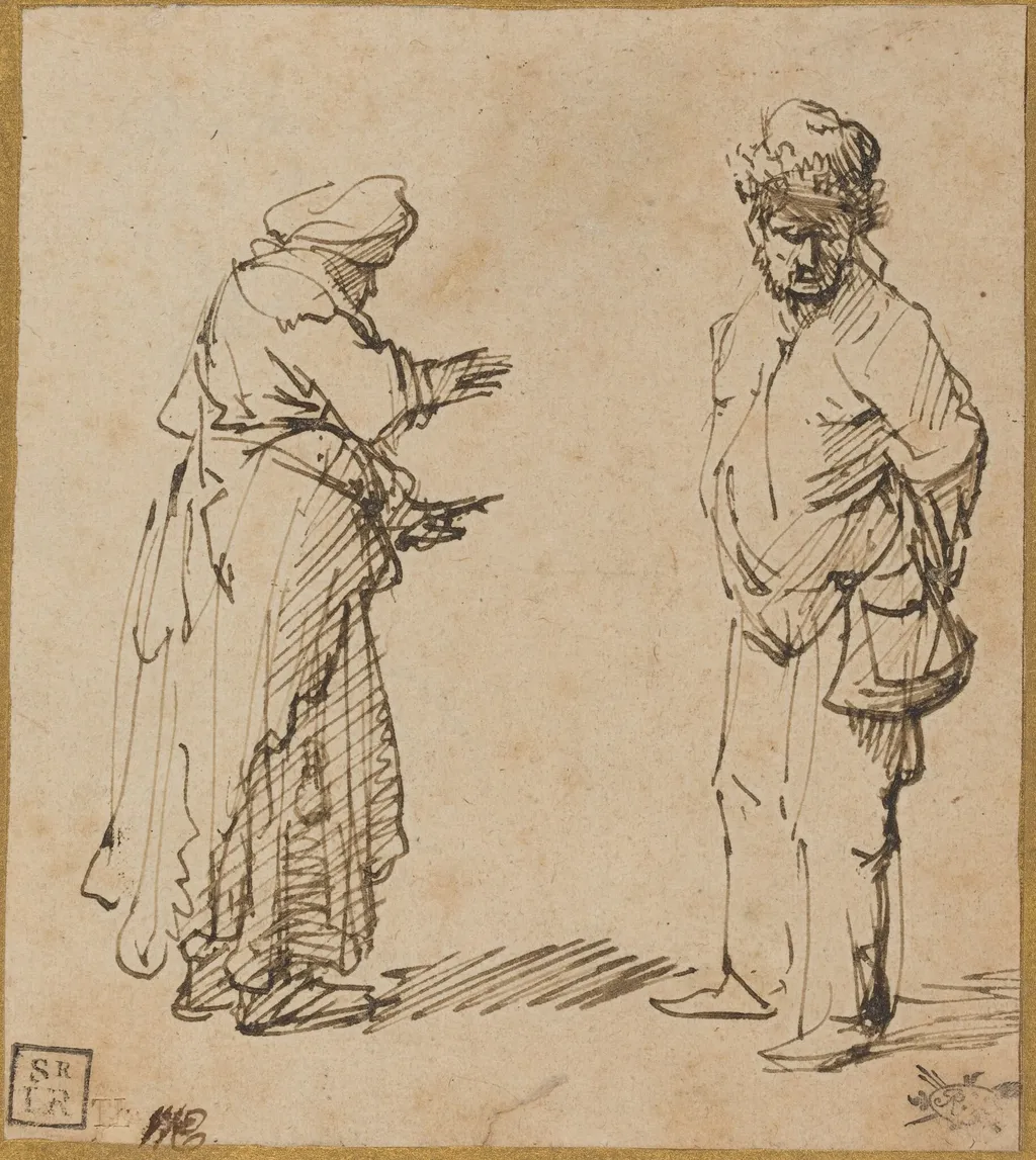 Beggar Man and Woman, by Rembrandt, ink, 1630