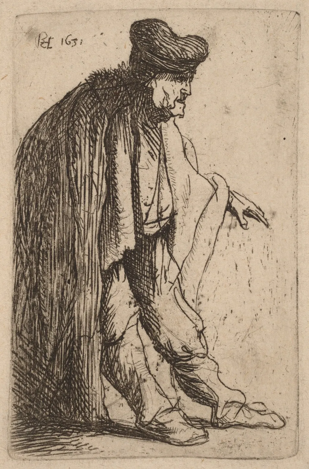 Beggar with His Left Hand Extended, by Rembrandt, ink, 1631