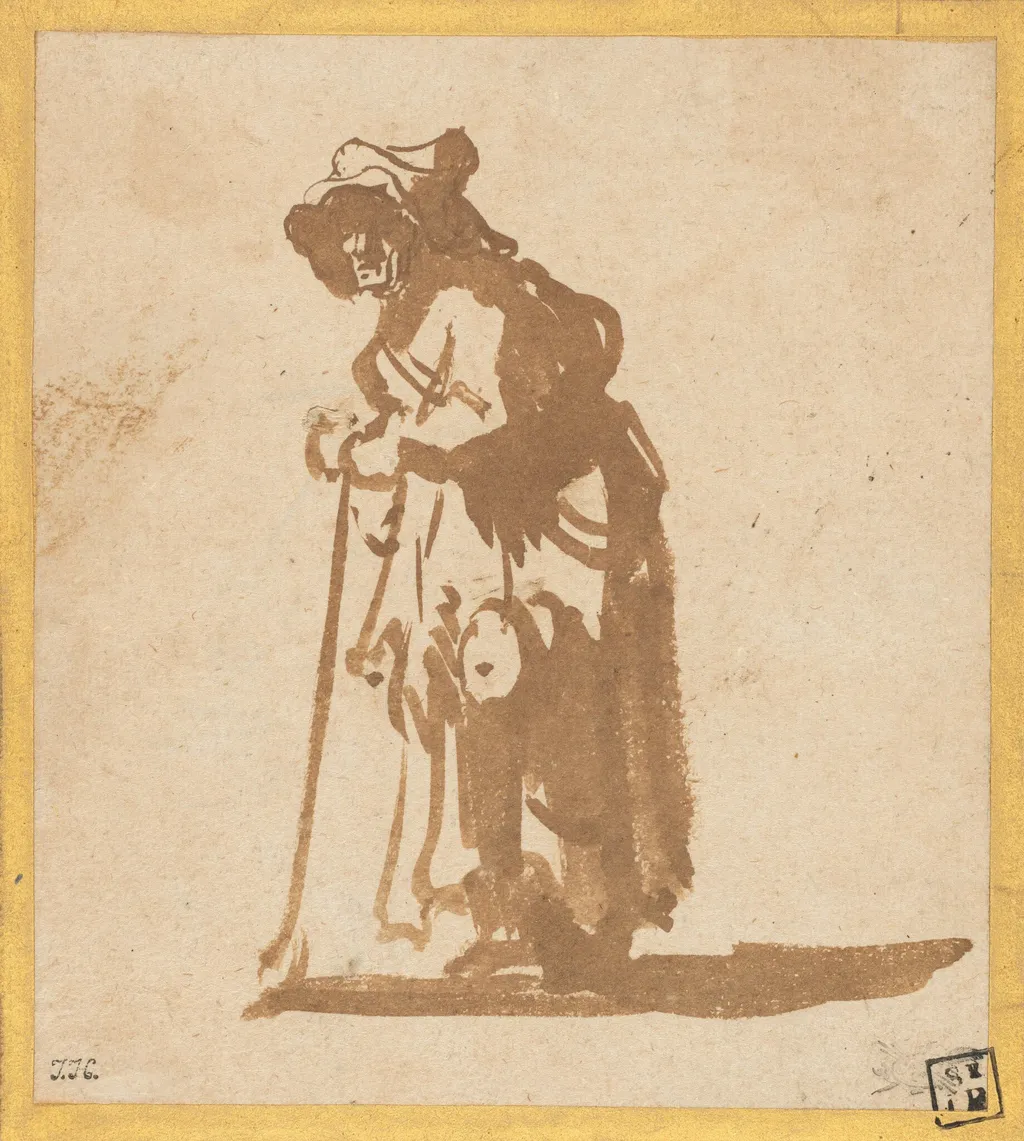 Beggar Woman Leaning on a Stick, by Rembrandt, paint, 1629