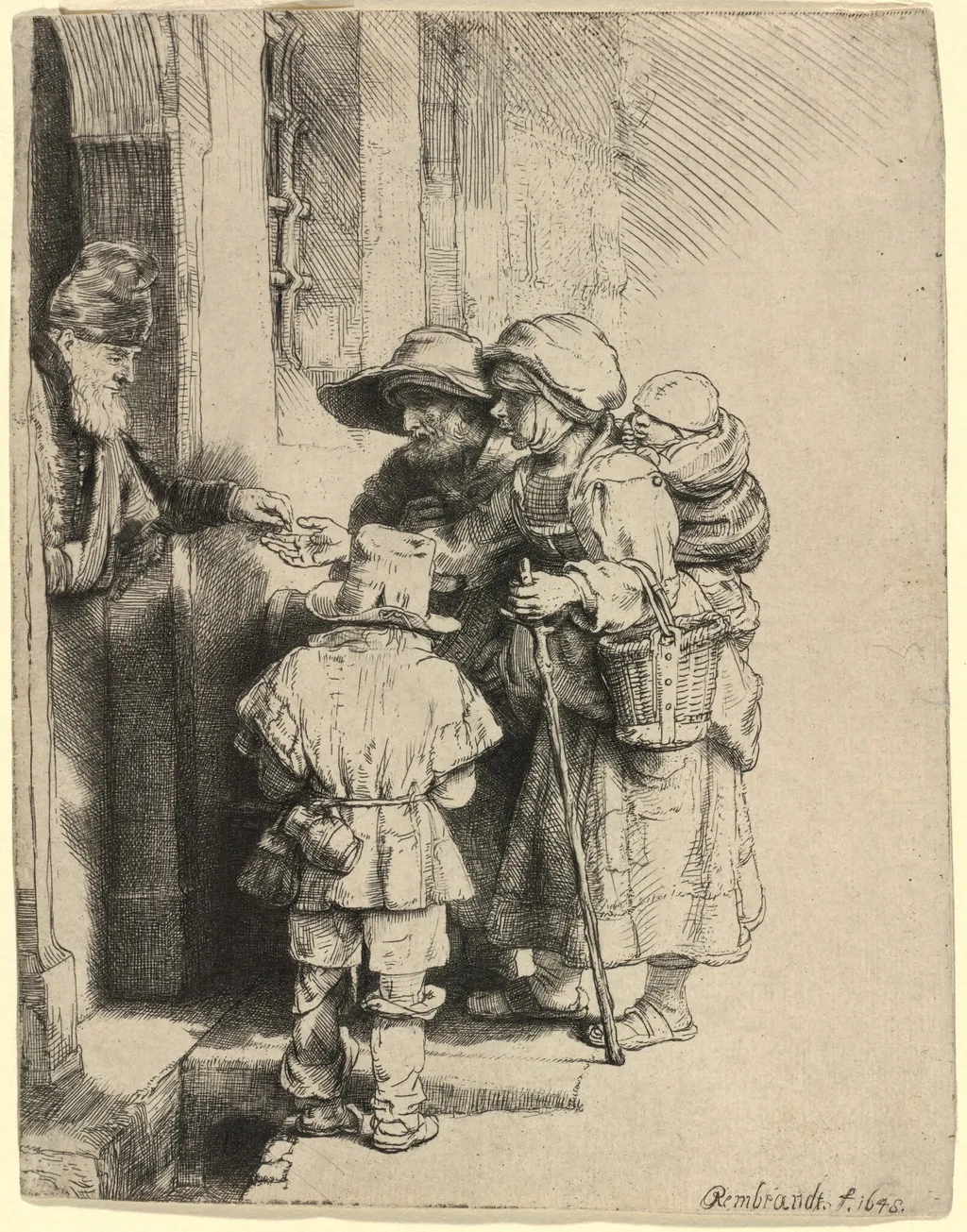 Beggars Receiving Alms at the Door of a House, by Rembrandt, ink, 1648