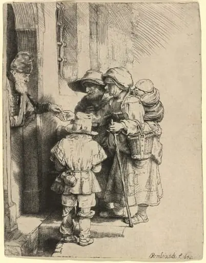 Beggars Receiving Alms at the Door of a House, by Rembrandt