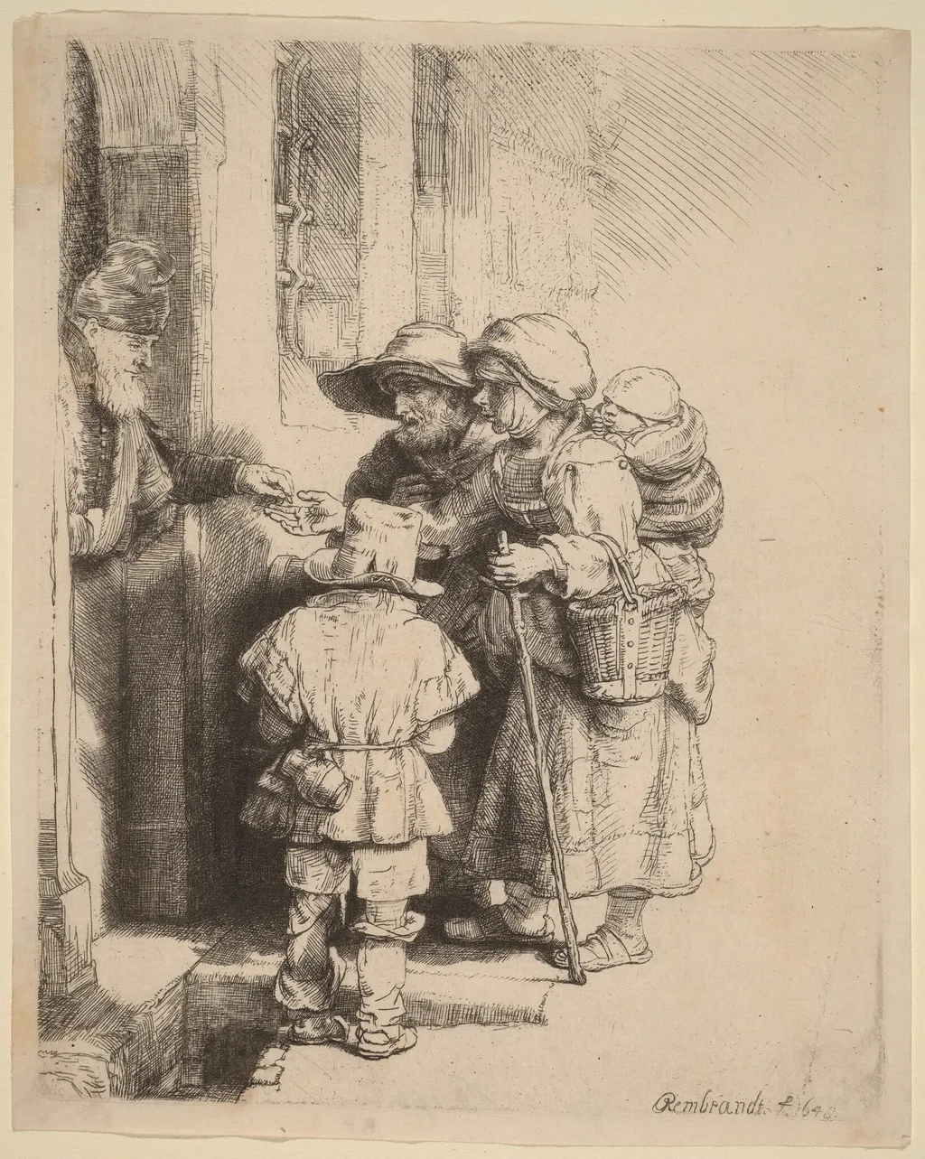 Beggars Receiving Alms at the Door of a House, by Rembrandt, ink, 1648