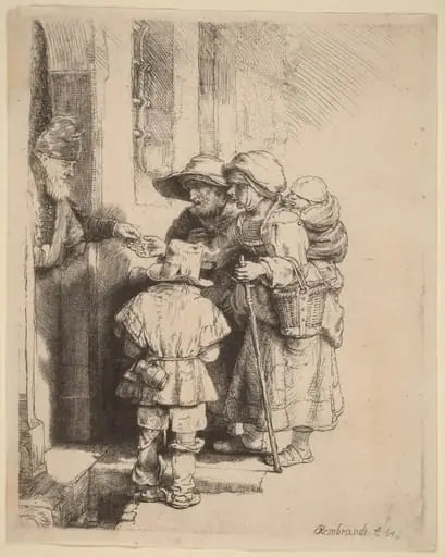 Beggars Receiving Alms at the Door of a House, by Rembrandt