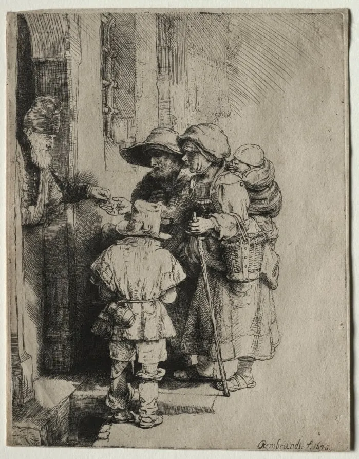 Beggars Receiving Alms at the Door of a House, by Rembrandt, 1648