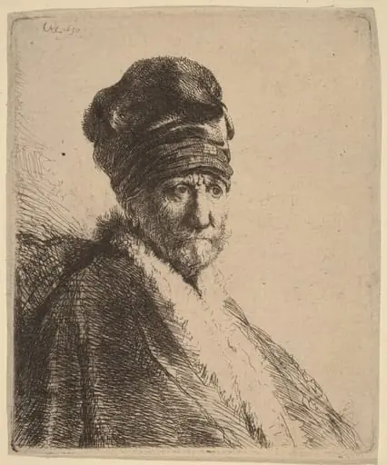 Bust of a Man Wearing a High Cap, Three-Quarters Right (The Artist's Father?), by Rembrandt
