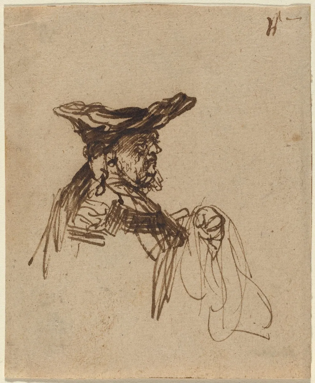 Bust of an Elderly Man in a Flat Cap, by Rembrandt, ink, 1636