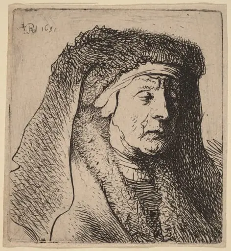 Bust of an Old Woman in a Furred Cloak and Heavy Headdress, by Rembrandt