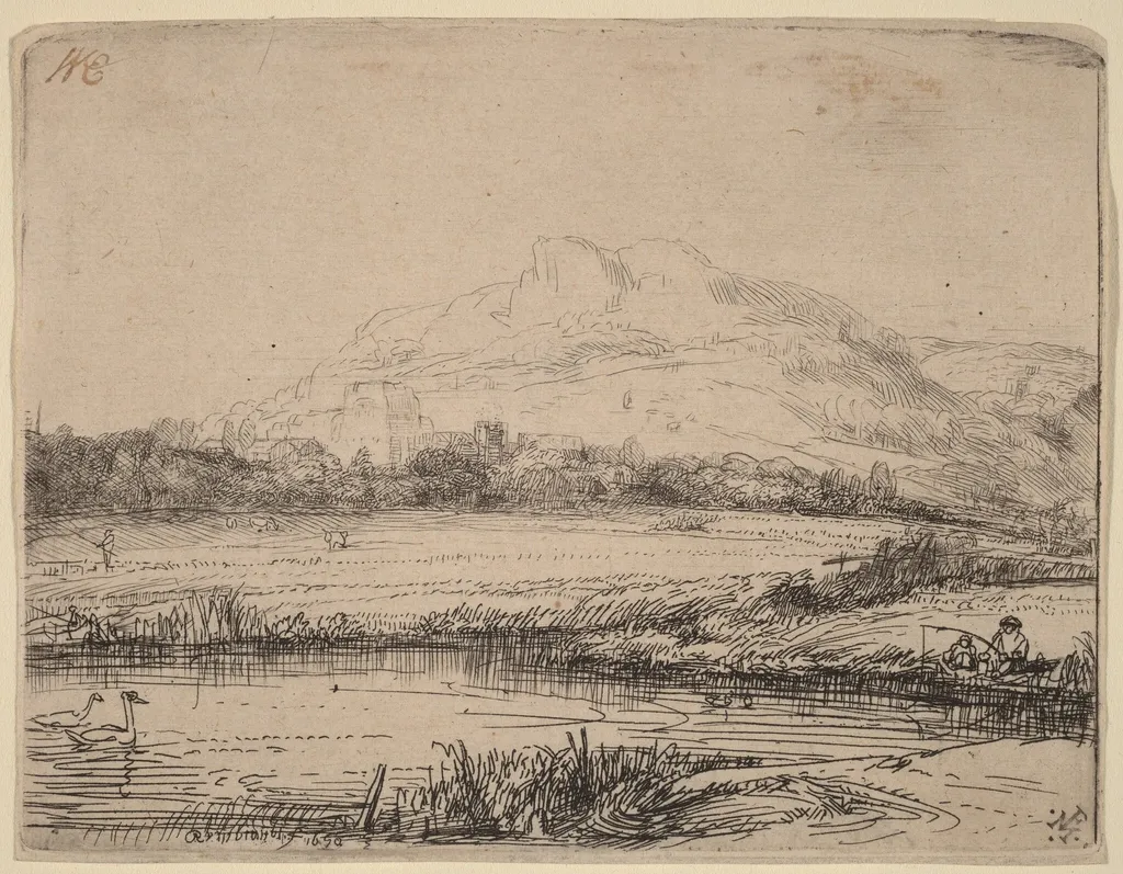 Canal with an Angler and Two Swans, by Rembrandt, ink, 1650